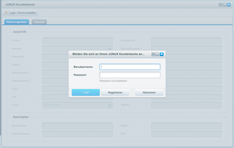 JUNUX Kundenkonto Loginmaske