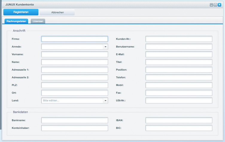 JUNUX Kundenkonto Registrierungsmaske
