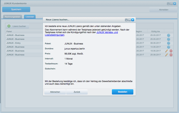 JUNUX Lizenzen AGB bestätigen